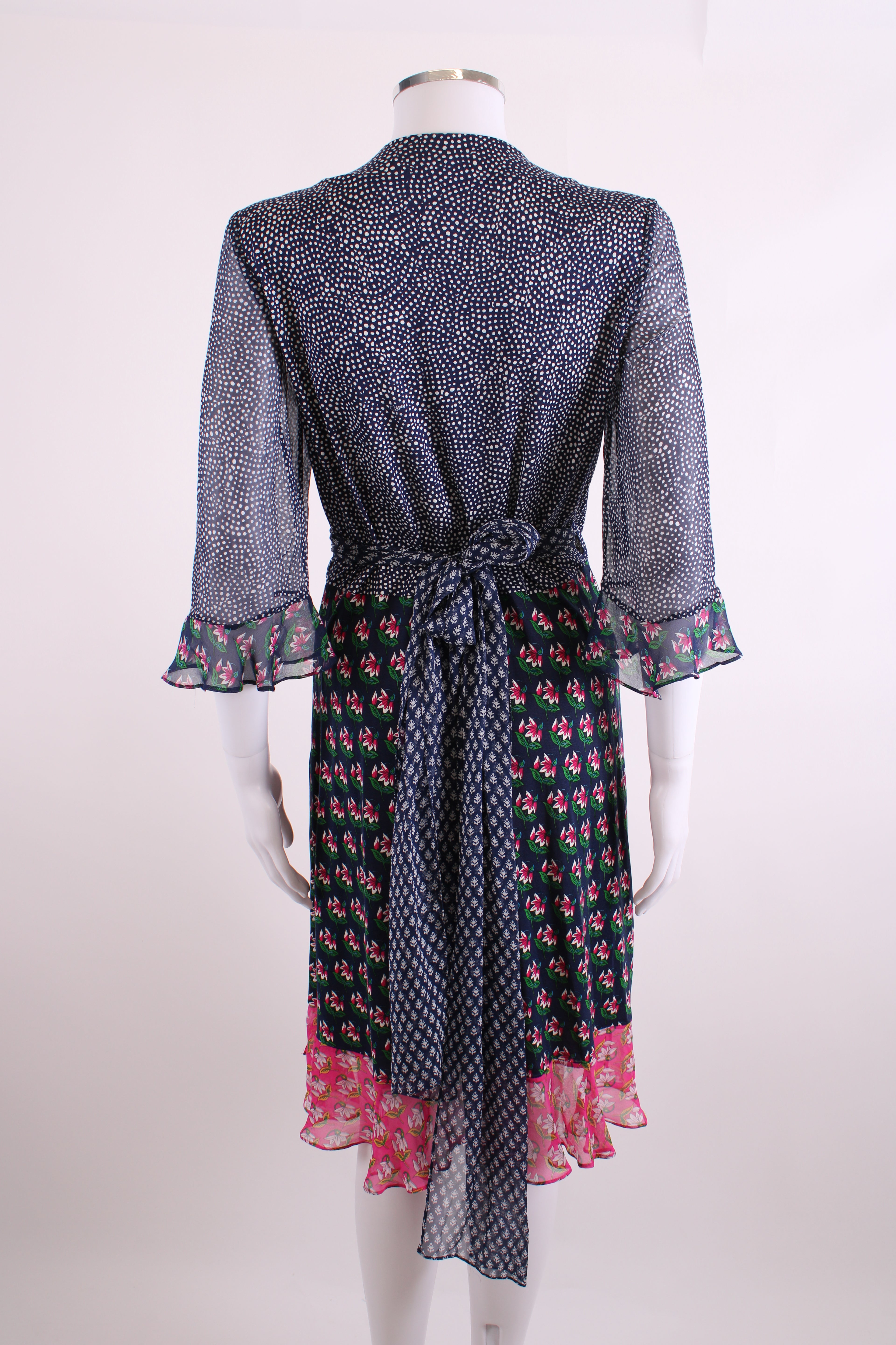 Diane Von Furstenberg S/S Dot/ Flower Print Wrap Dress Navy/ White 14