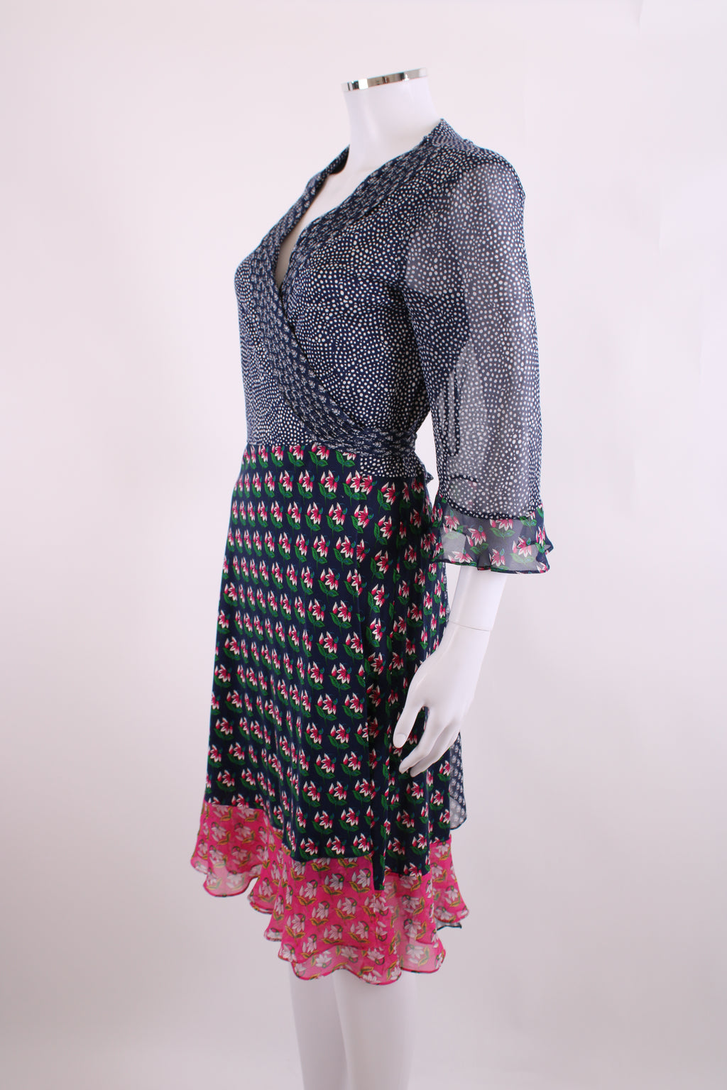 Diane Von Furstenberg S/S Dot/ Flower Print Wrap Dress Navy/ White 14