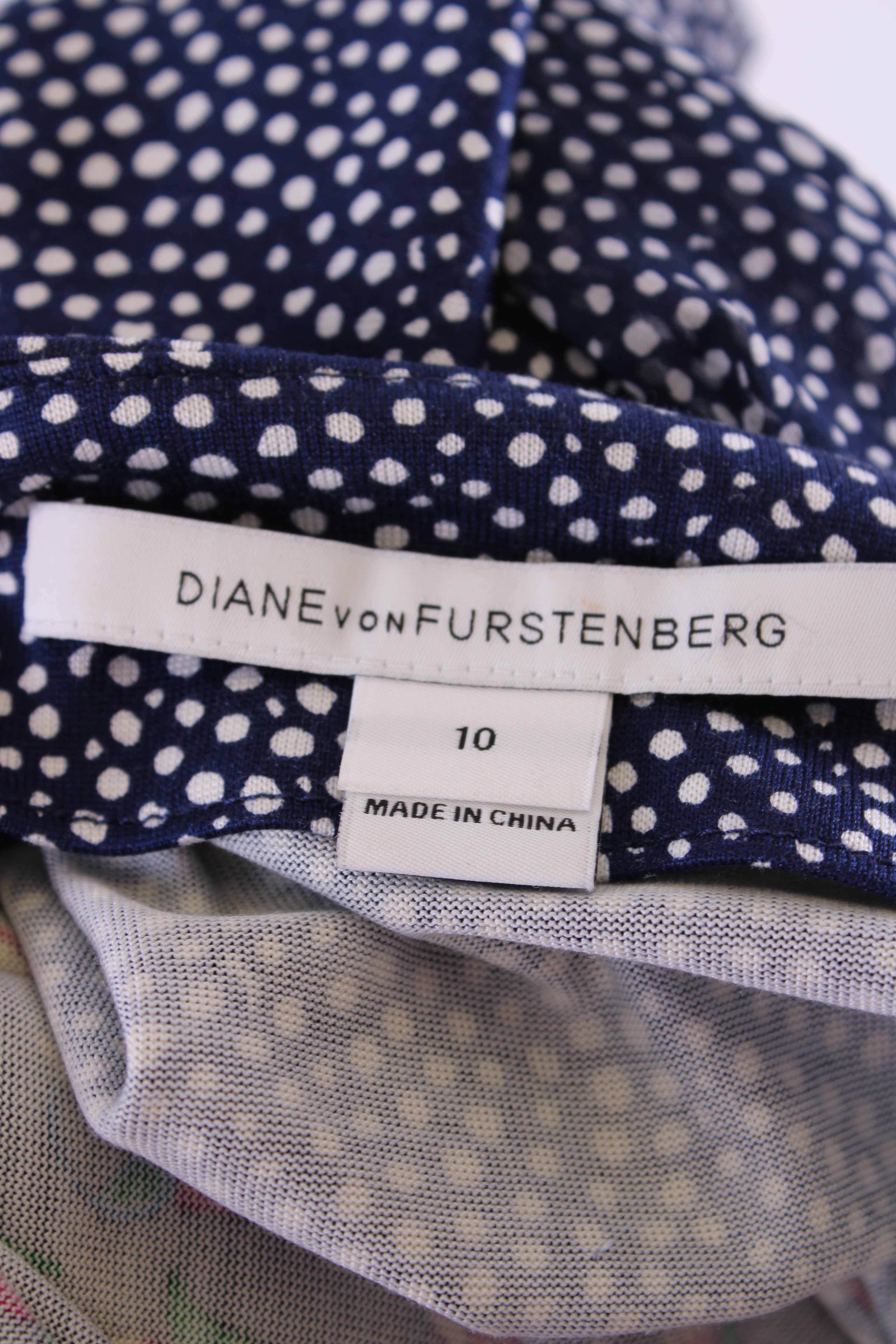 Diane Von Furstenberg S/S Dot/ Flower Print Wrap Dress Navy/ White 14
