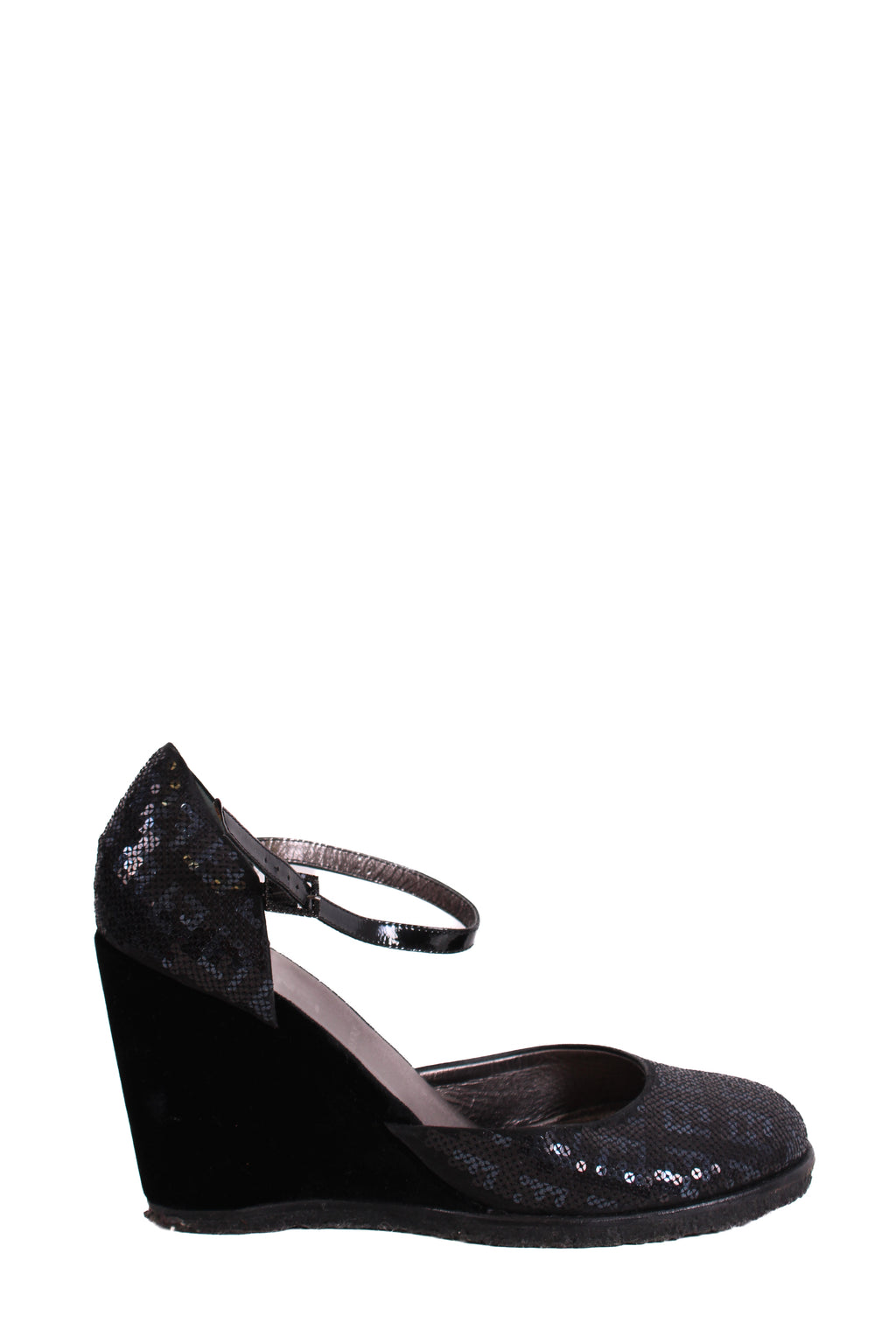 Fendi Sequin Velvet Logo Wedges Navy 36