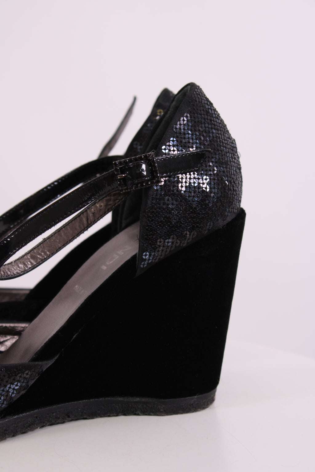 Fendi Sequin Velvet Logo Wedges Navy 36
