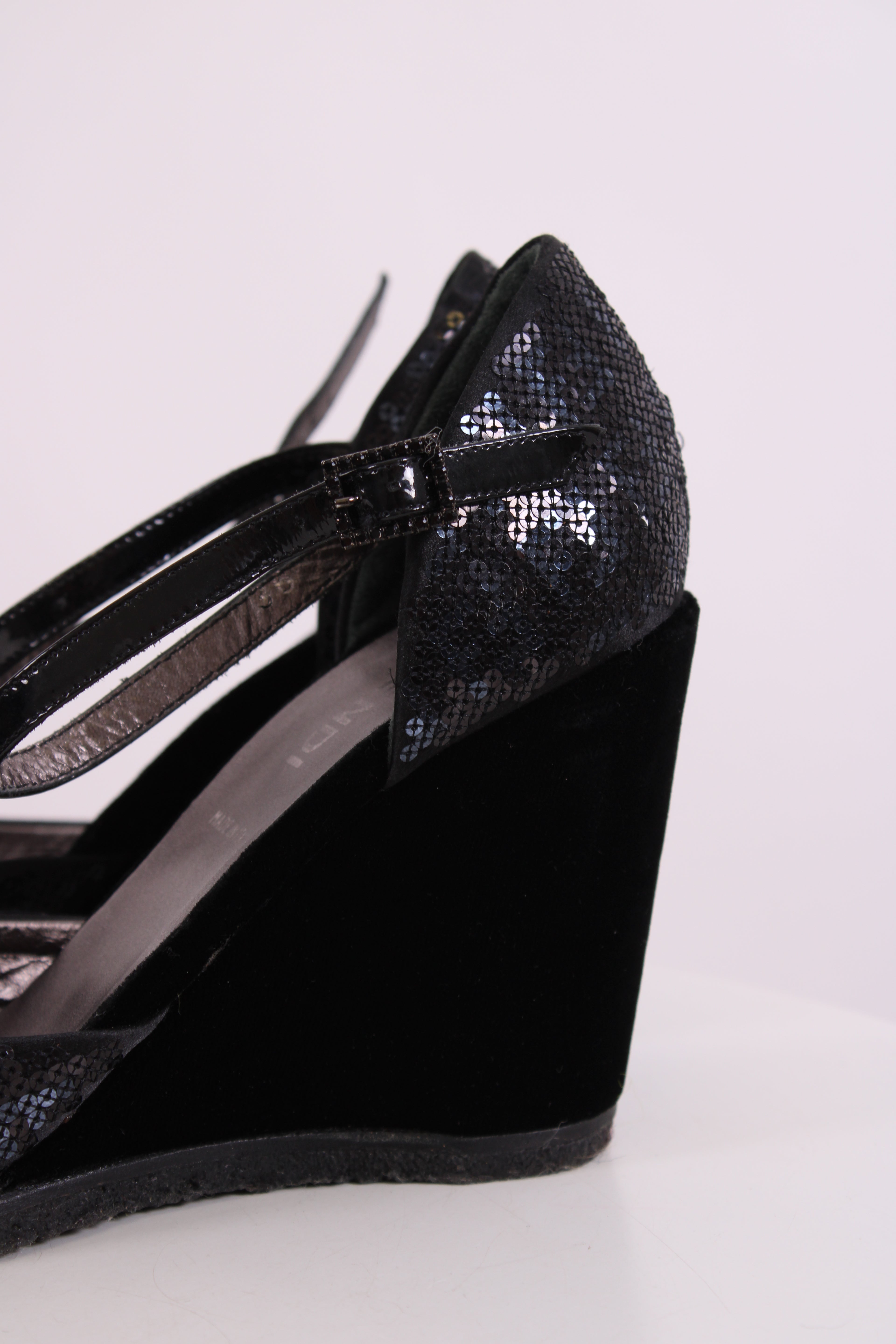 Fendi Sequin Velvet Logo Wedges Navy 36