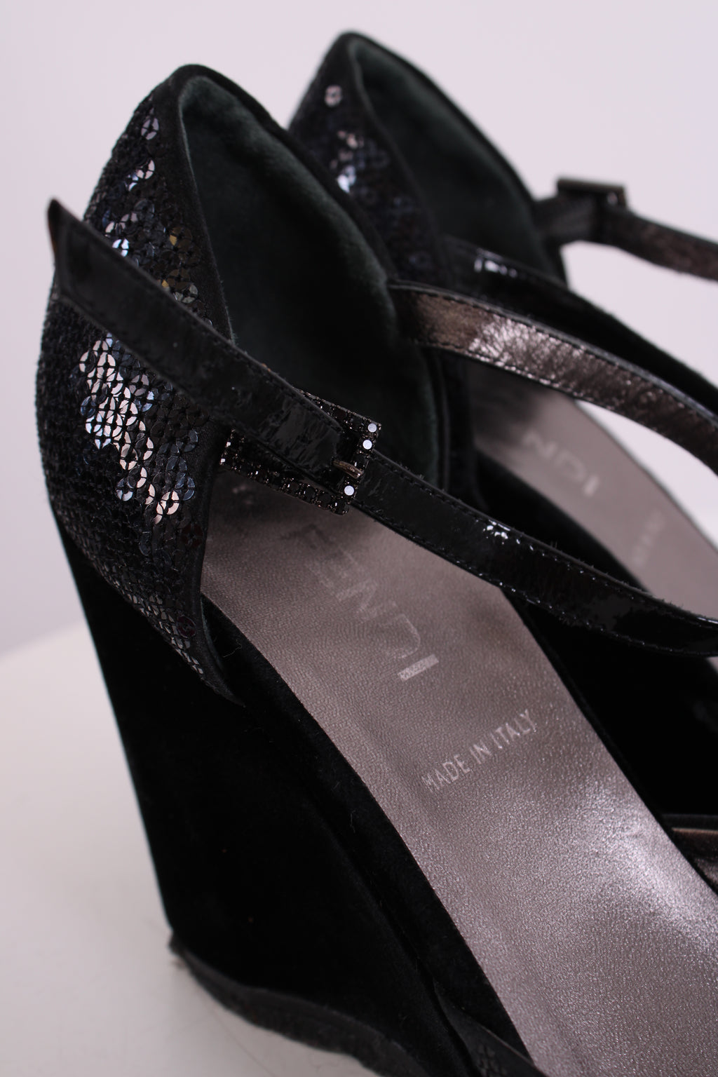 Fendi Sequin Velvet Logo Wedges Navy 36