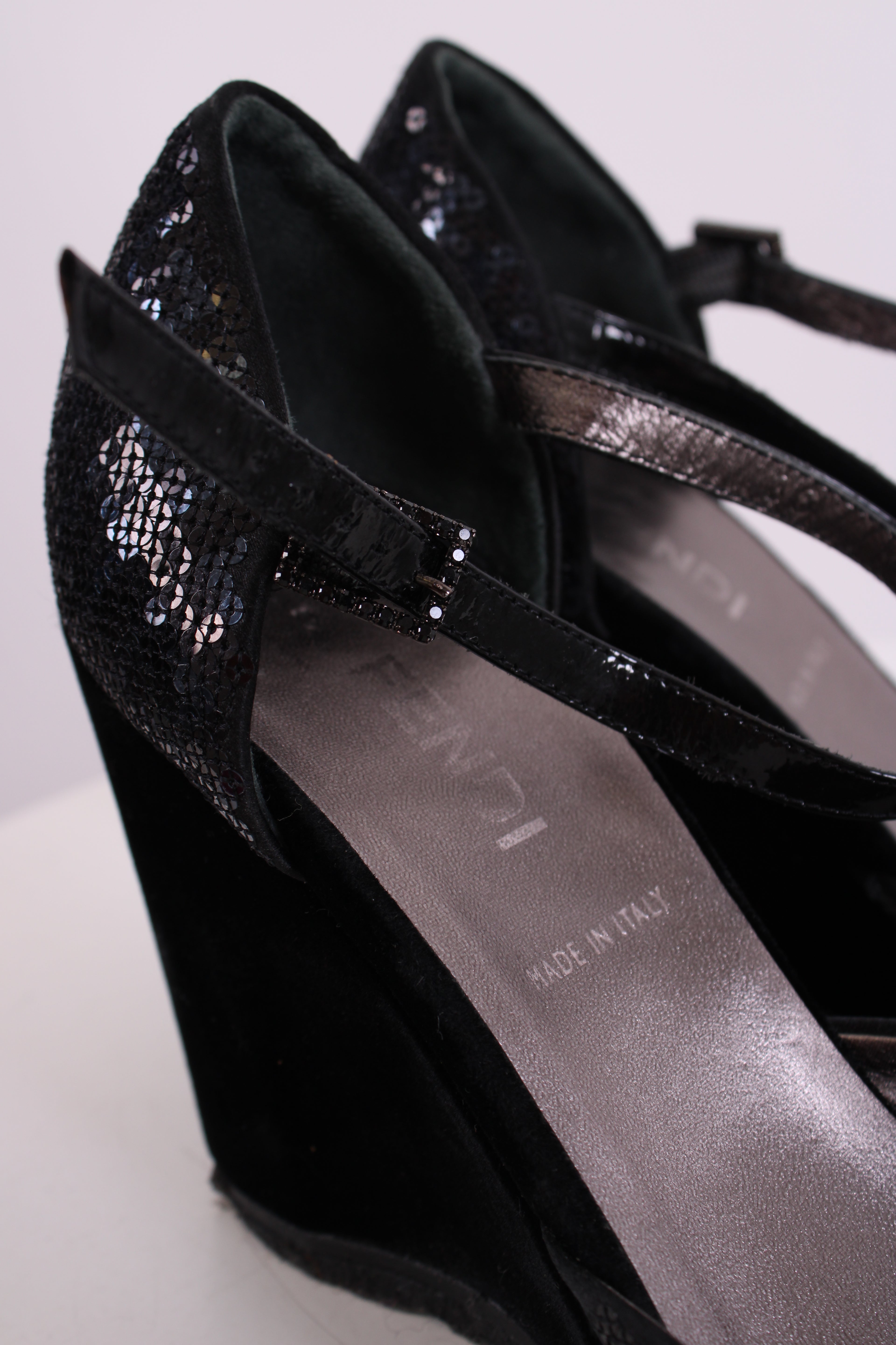 Fendi Sequin Velvet Logo Wedges Navy 36