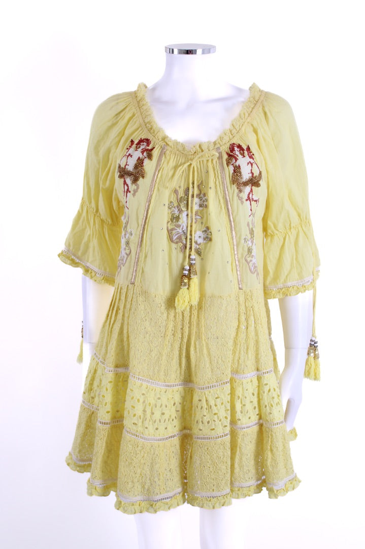 Las Noches Ibiza S/S Embroidered Tunic Dress Yellow S