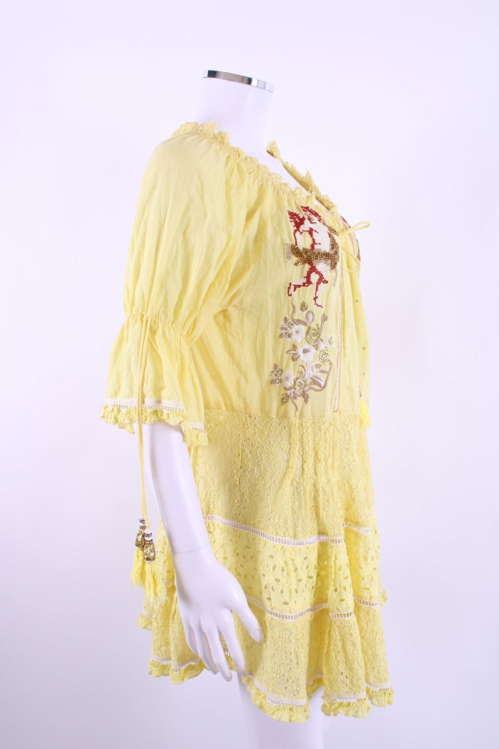 Las Noches Ibiza S/S Embroidered Tunic Dress Yellow S
