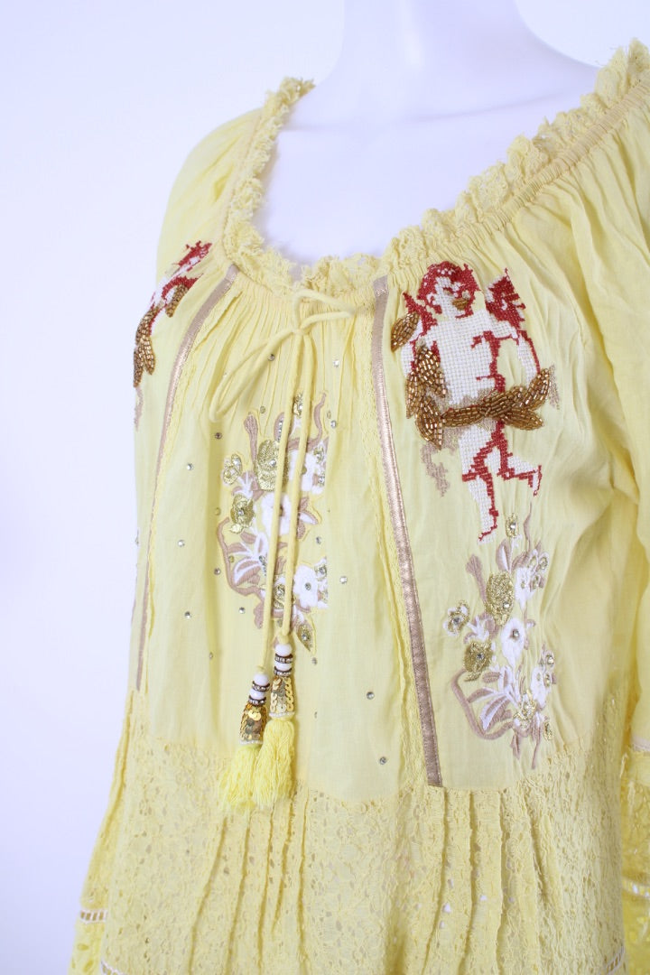 Las Noches Ibiza S/S Embroidered Tunic Dress Yellow S