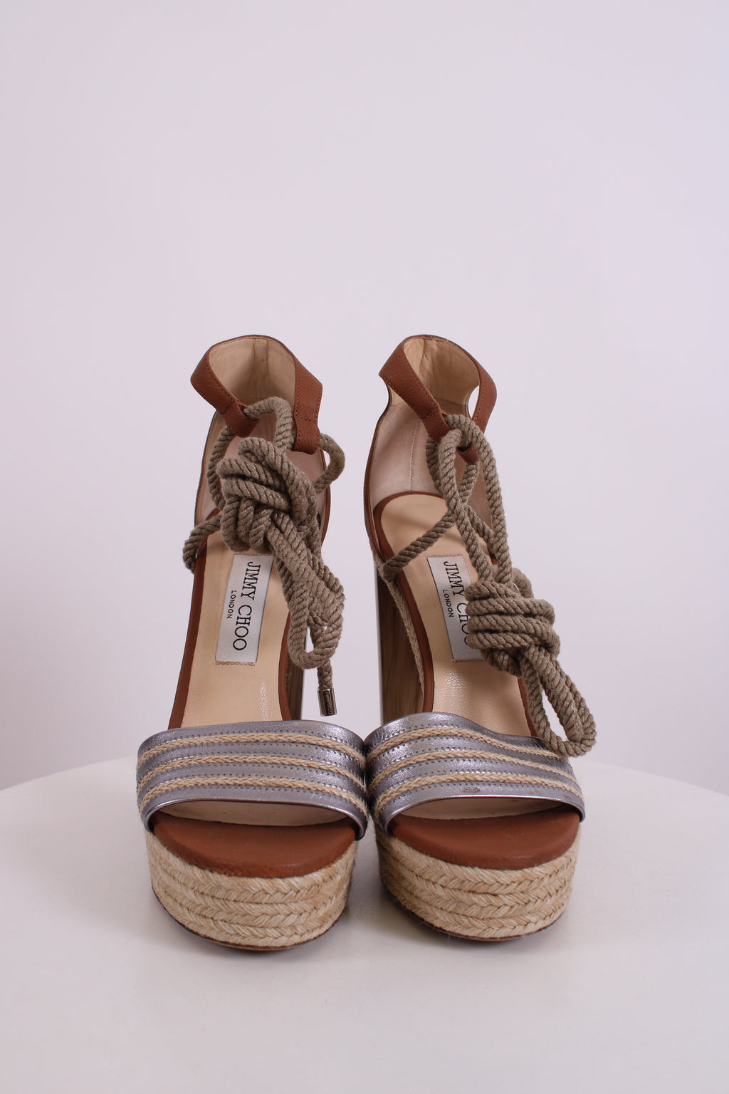 Jimmy Choo Espadrille Rope Tie Heels Tan/ Silver 40