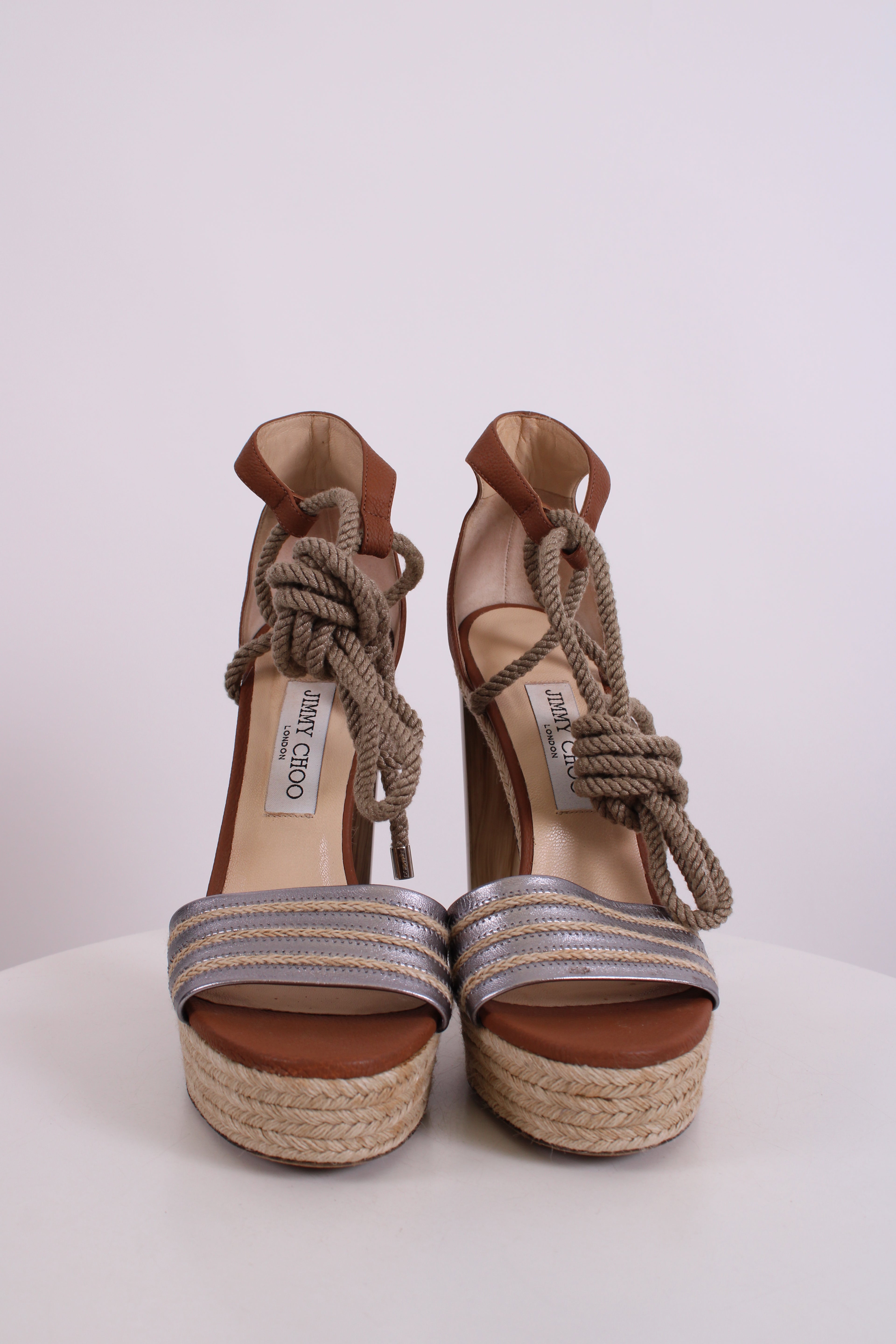 Jimmy Choo Espadrille Rope Tie Heels Tan/ Silver 40