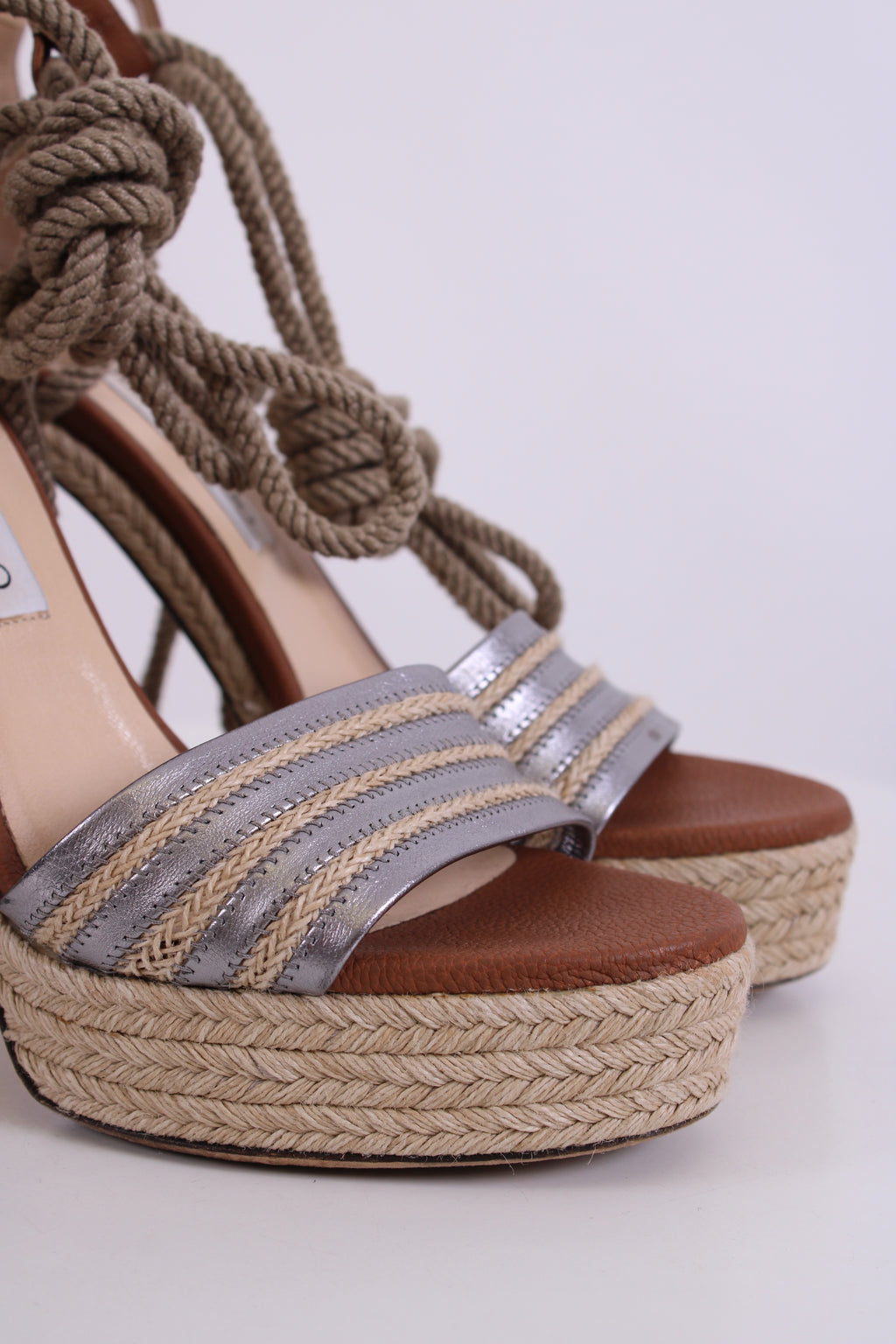 Jimmy Choo Espadrille Rope Tie Heels Tan/ Silver 40