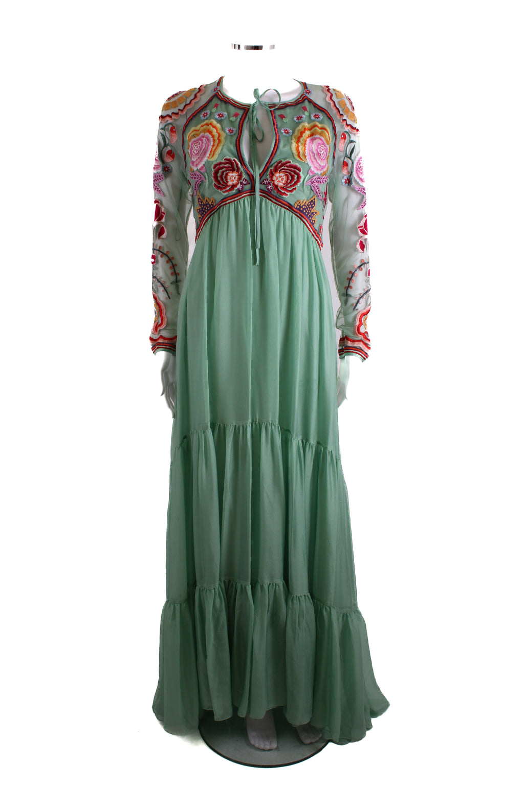 Temperley London L/S Folk Floral Embroidered Dress Mint/ Multi Colour 12