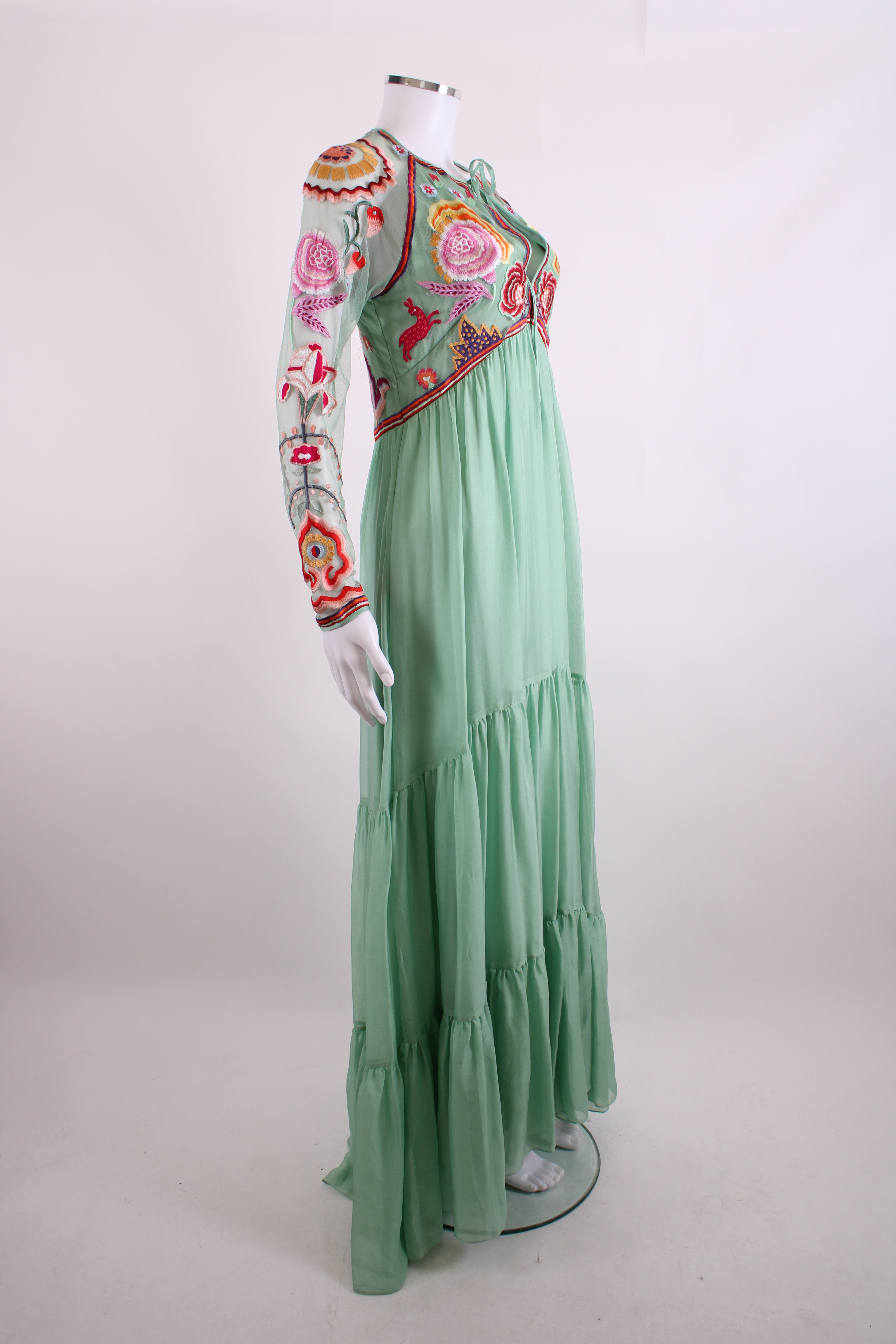 Temperley London L/S Folk Floral Embroidered Dress Mint/ Multi Colour 12