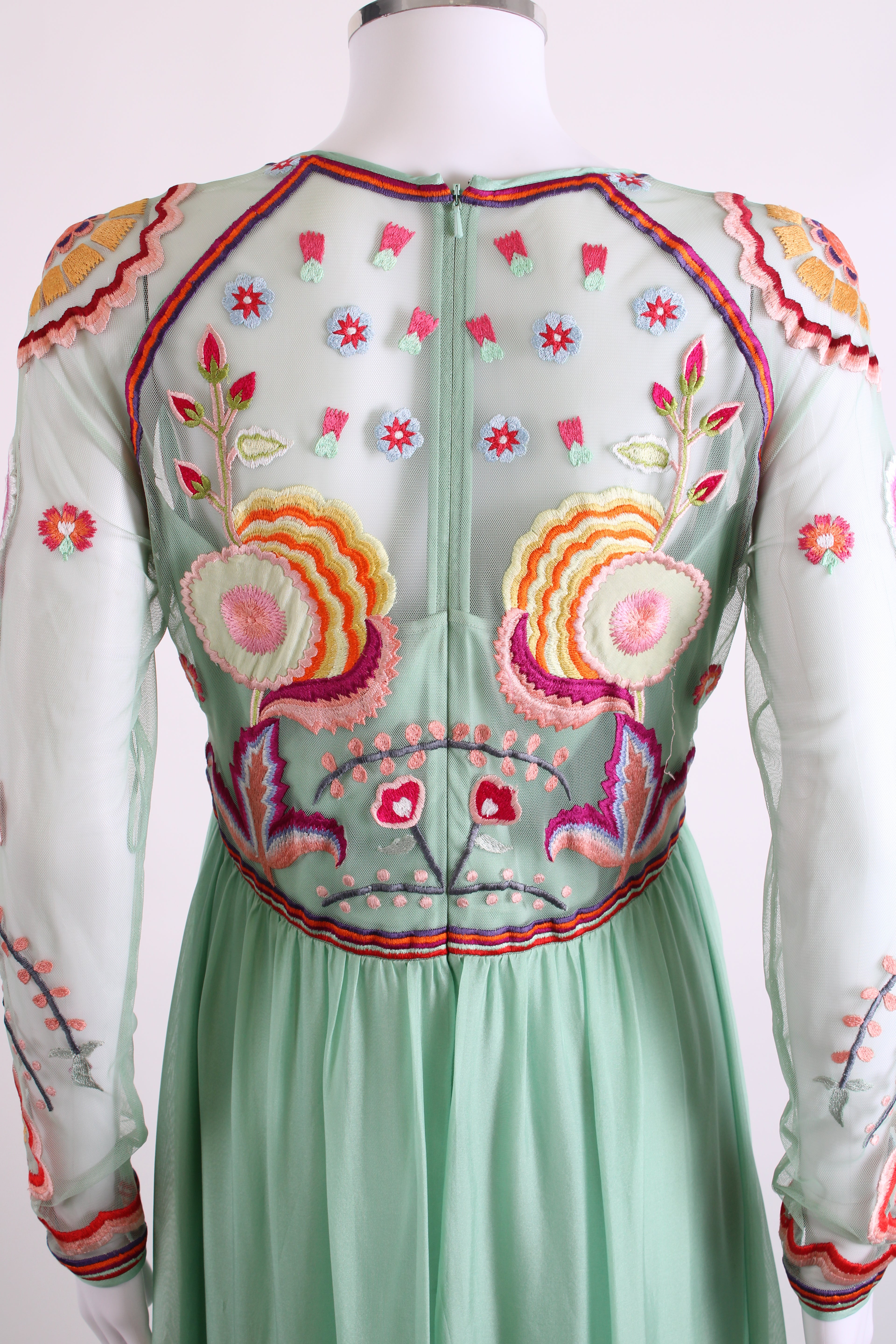 Temperley London L/S Folk Floral Embroidered Dress Mint/ Multi Colour 12