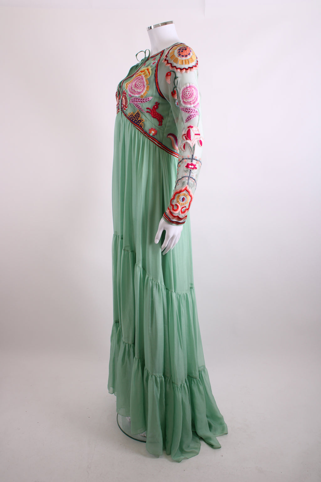 Temperley London L/S Folk Floral Embroidered Dress Mint/ Multi Colour 12