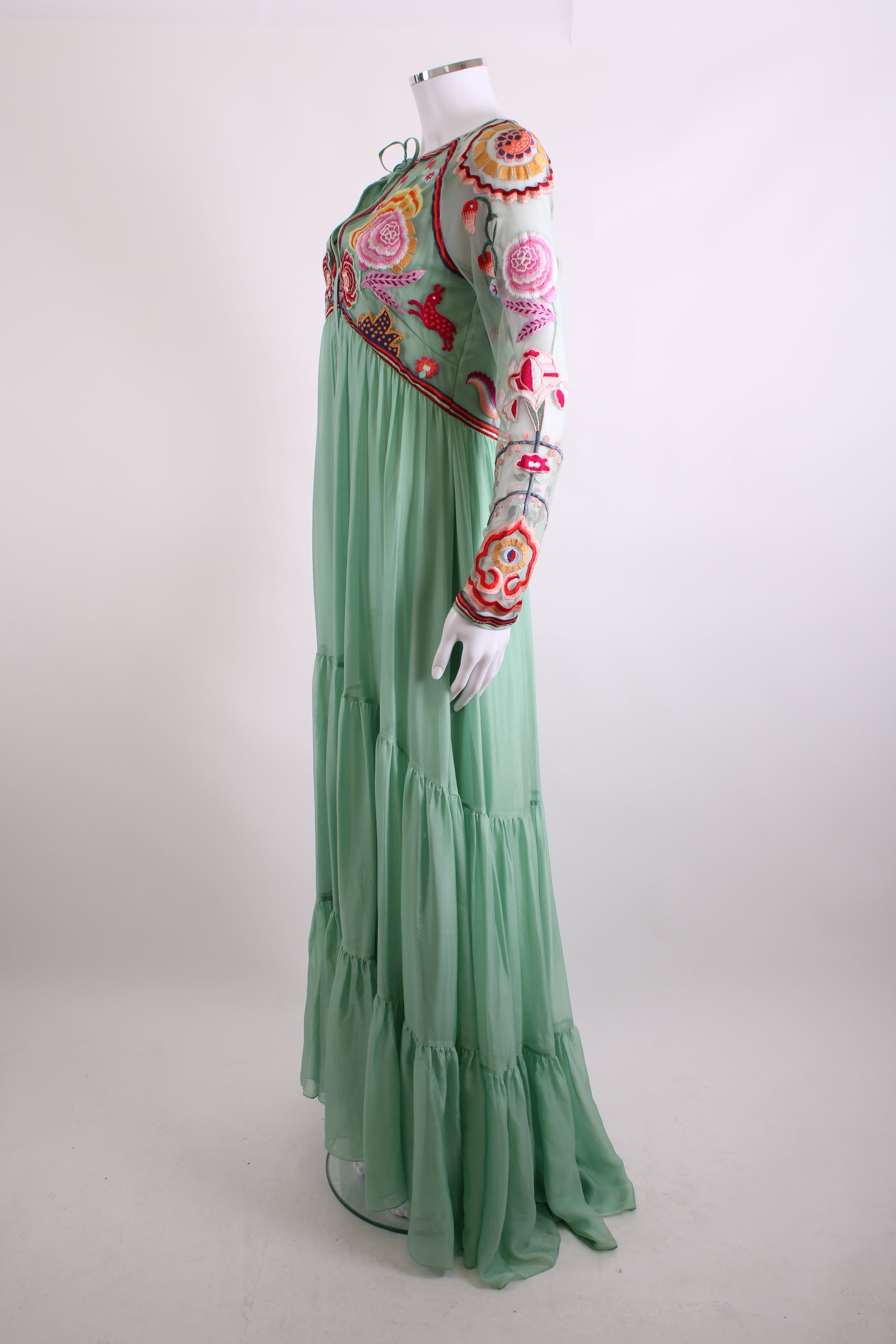 Temperley London L/S Folk Floral Embroidered Dress Mint/ Multi Colour 12