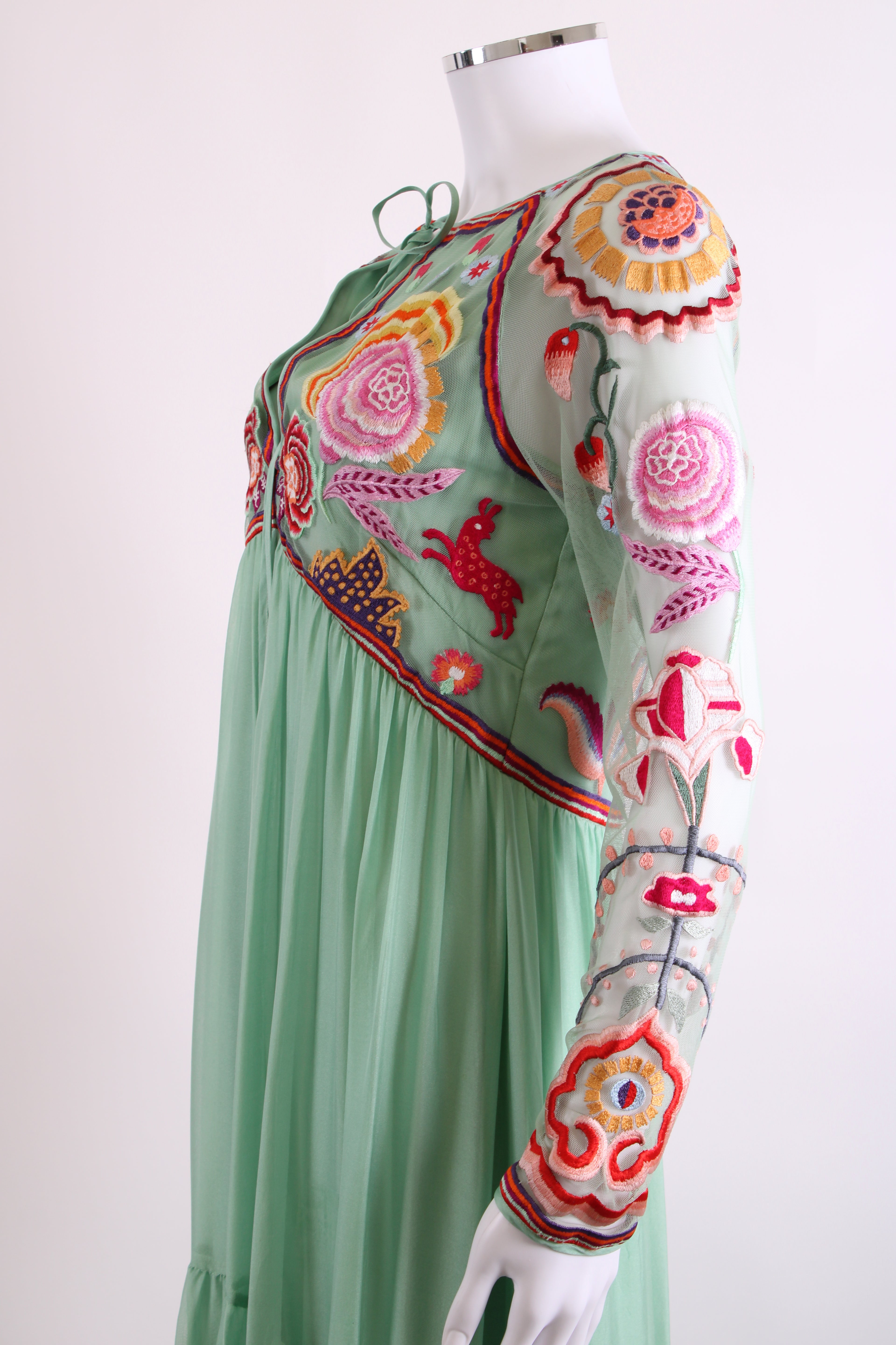 Temperley London L/S Folk Floral Embroidered Dress Mint/ Multi Colour 12
