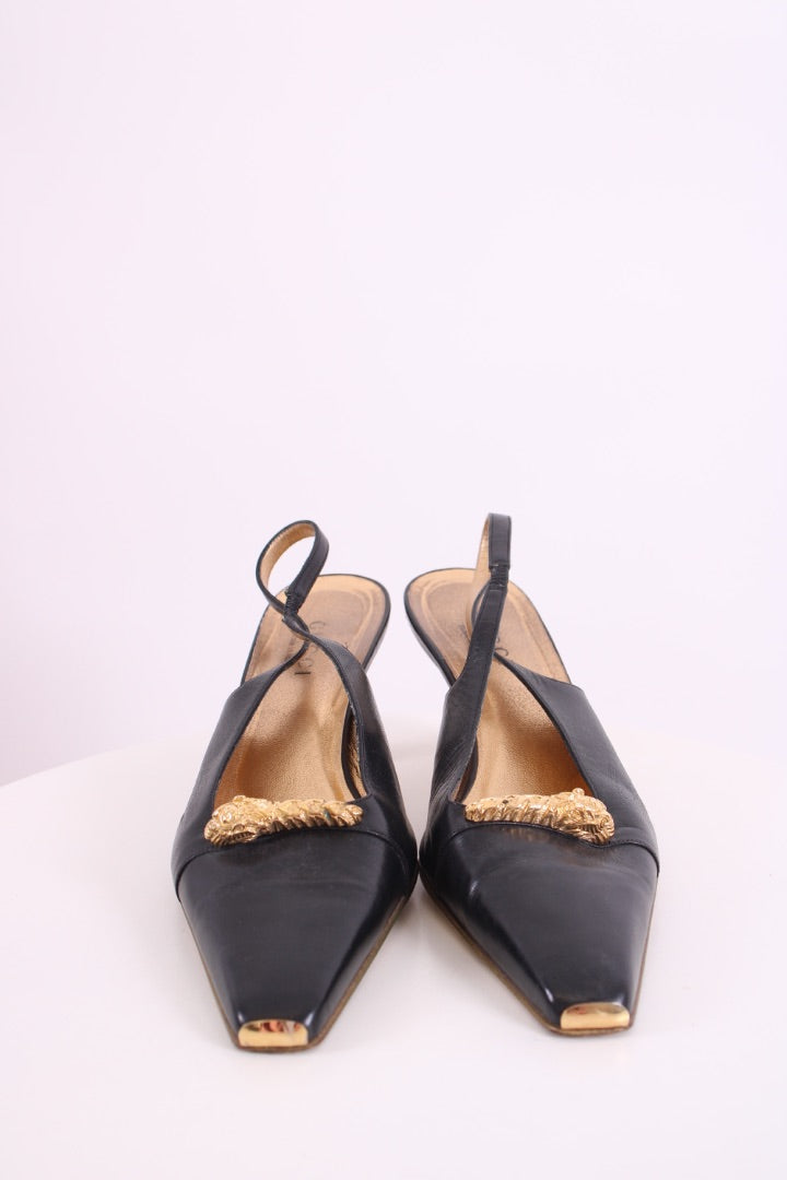 Gucci Dragon Accent Slingback Heels Black/ Gold 40.5