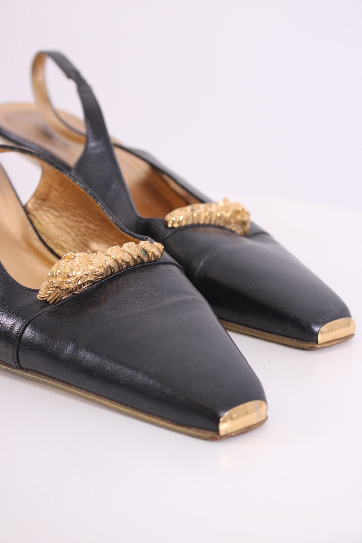 Gucci Dragon Accent Slingback Heels Black/ Gold 40.5