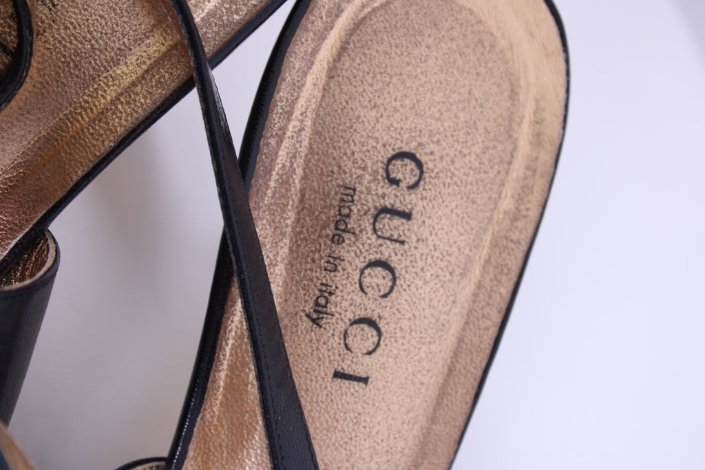 Gucci Dragon Accent Slingback Heels Black/ Gold 40.5