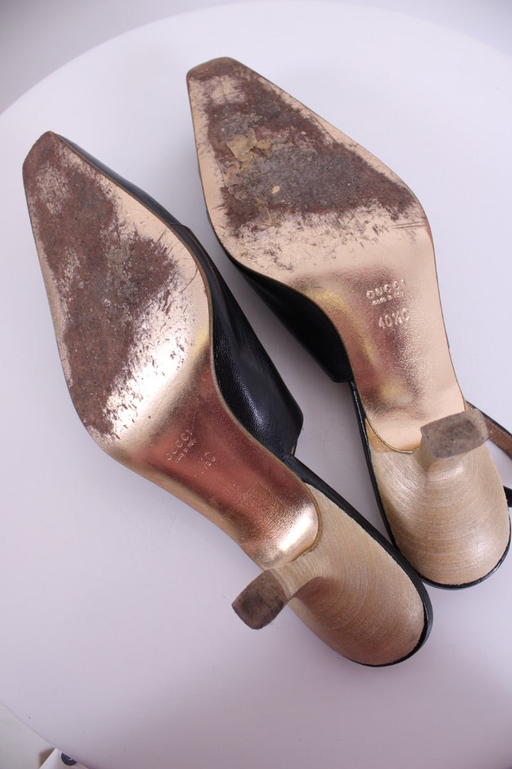 Gucci Dragon Accent Slingback Heels Black/ Gold 40.5