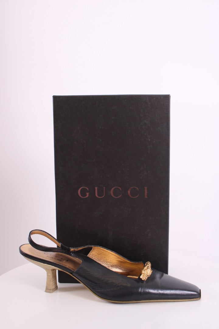 Gucci Dragon Accent Slingback Heels Black/ Gold 40.5