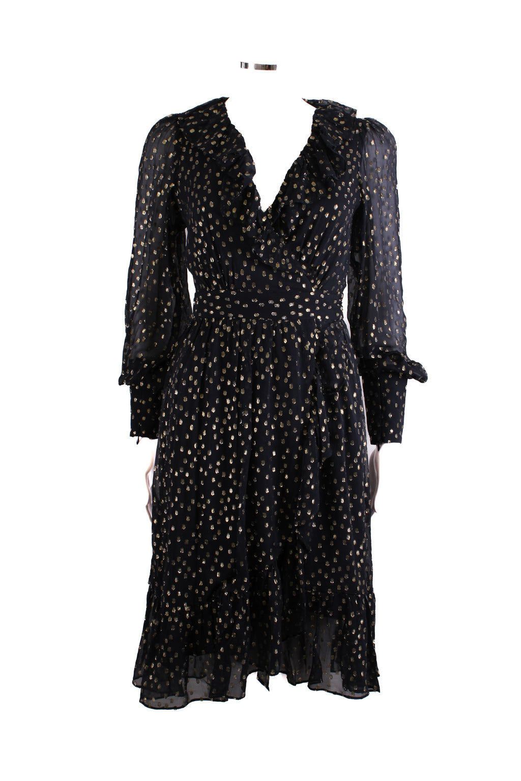 Zimmermann L/S Metallic Polka Dot Wrap Dress Navy/ Gold 8