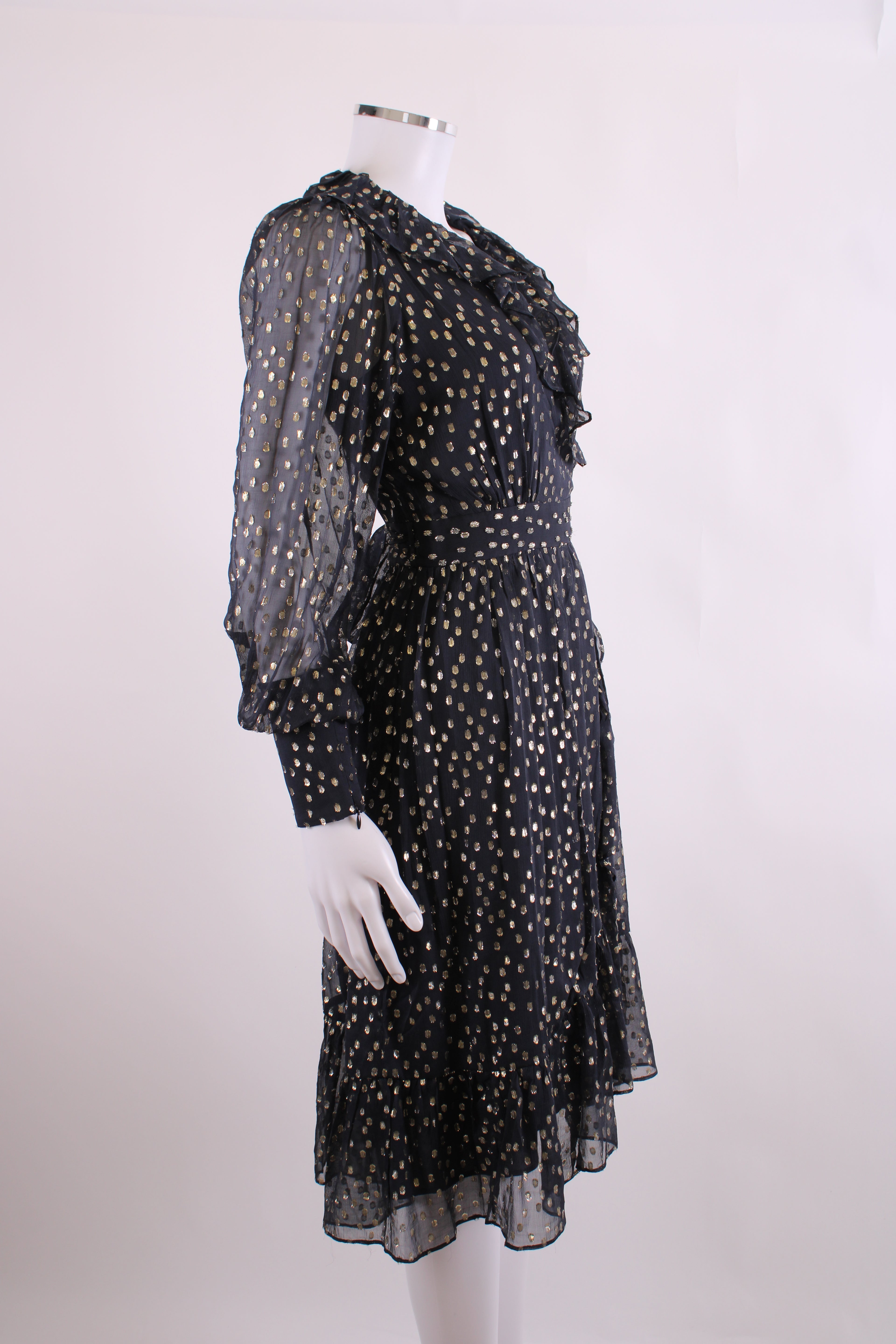 Zimmermann L/S Metallic Polka Dot Wrap Dress Navy/ Gold 8