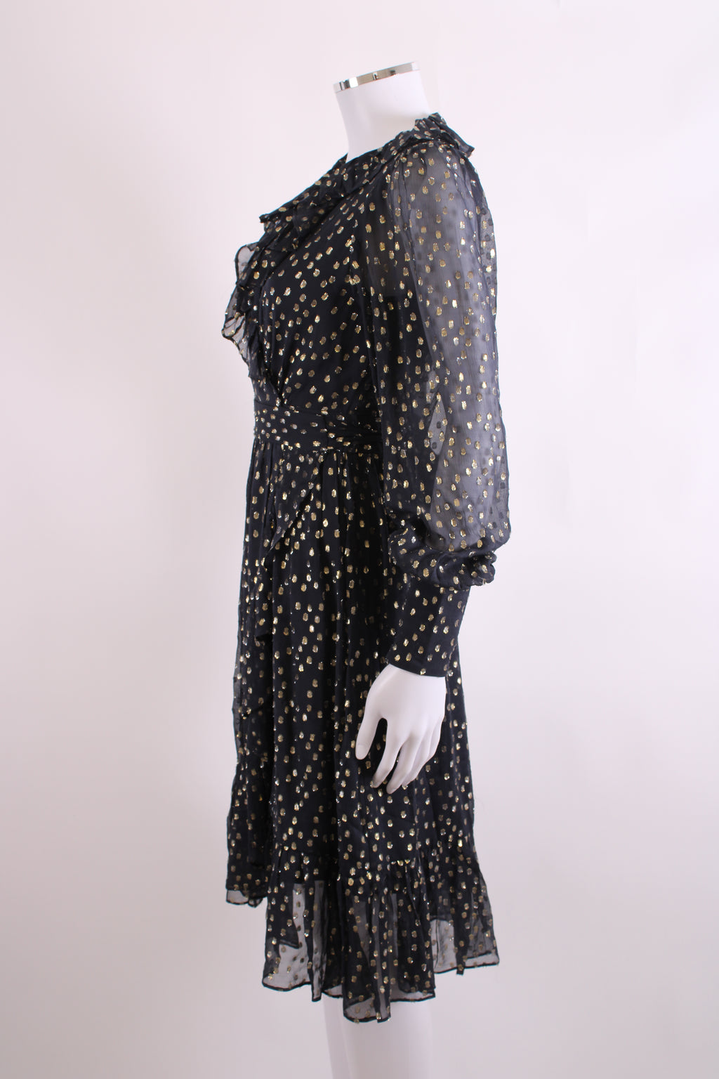 Zimmermann L/S Metallic Polka Dot Wrap Dress Navy/ Gold 8