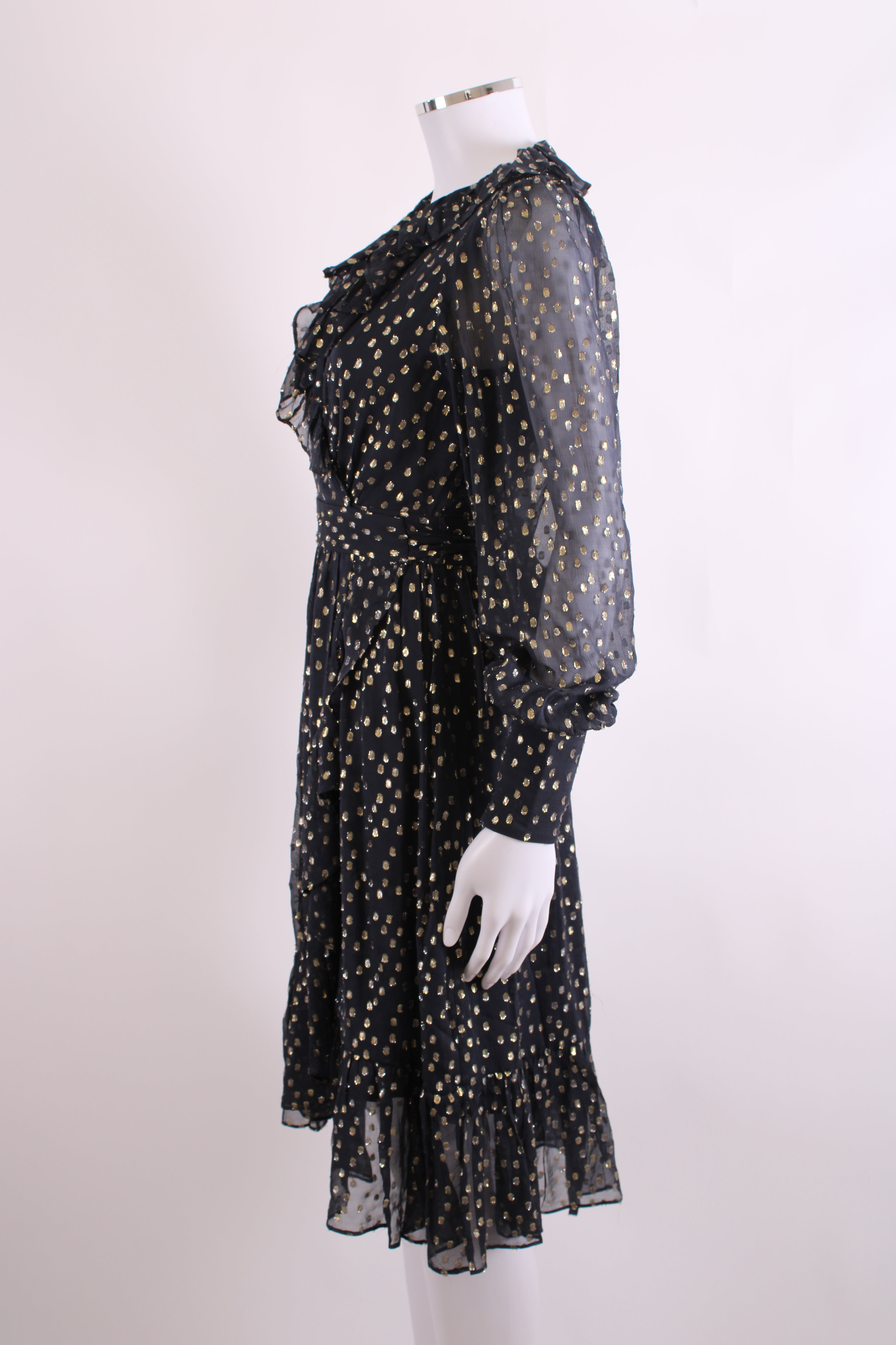 Zimmermann L/S Metallic Polka Dot Wrap Dress Navy/ Gold 8