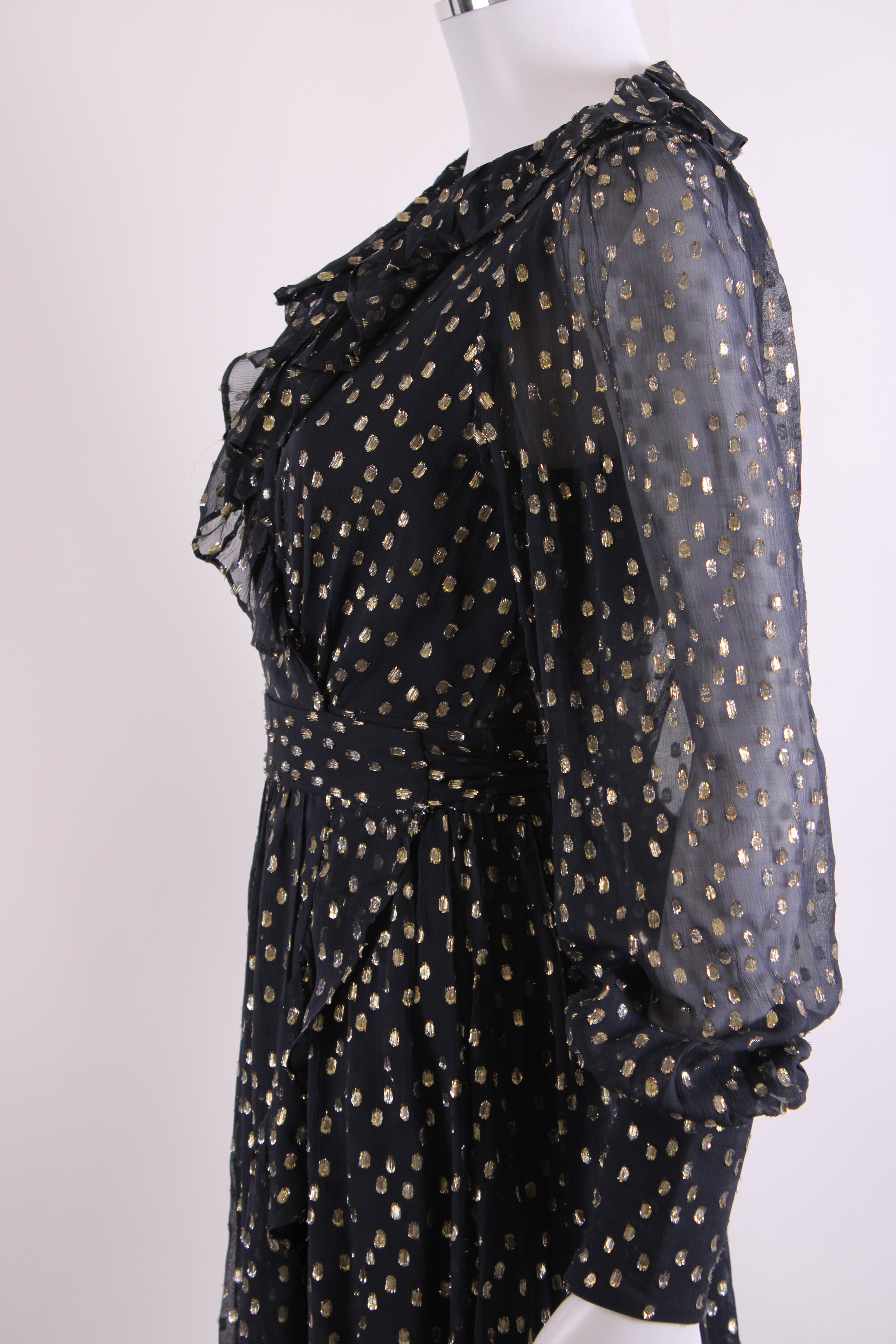 Zimmermann L/S Metallic Polka Dot Wrap Dress Navy/ Gold 8
