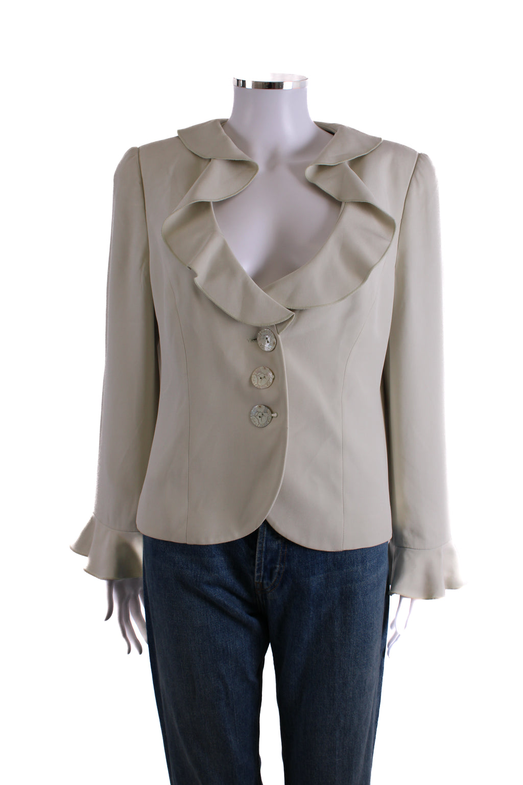 Armani Collezioni Ruffle Collar Button Detail Blazer Green M