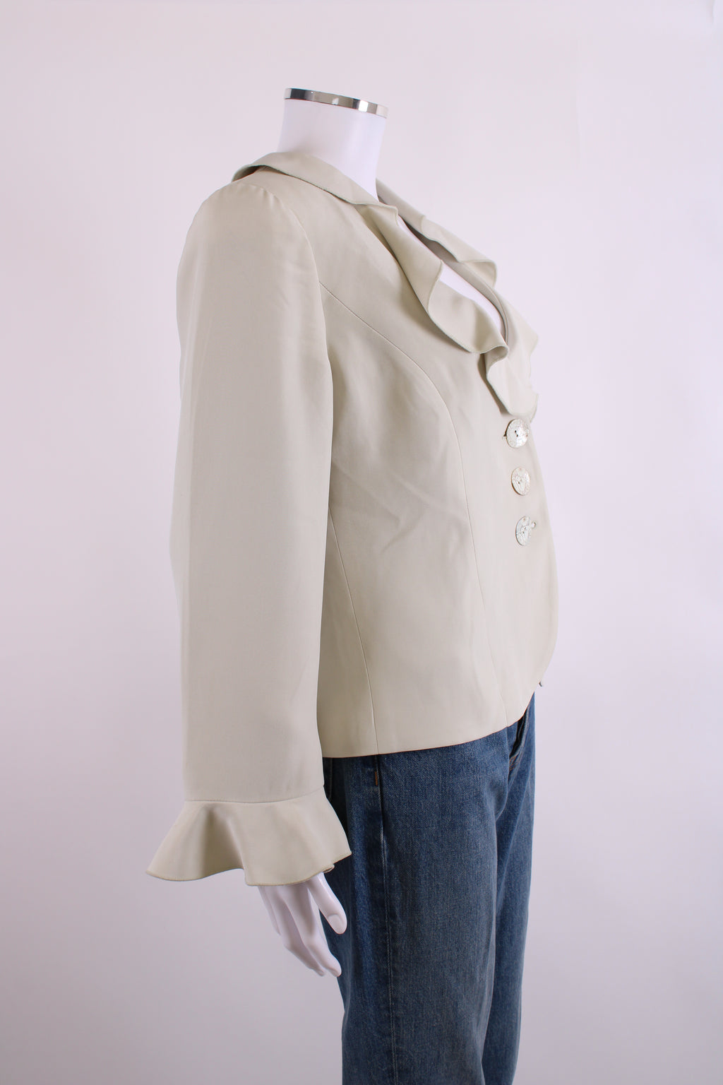 Armani Collezioni Ruffle Collar Button Detail Blazer Green M