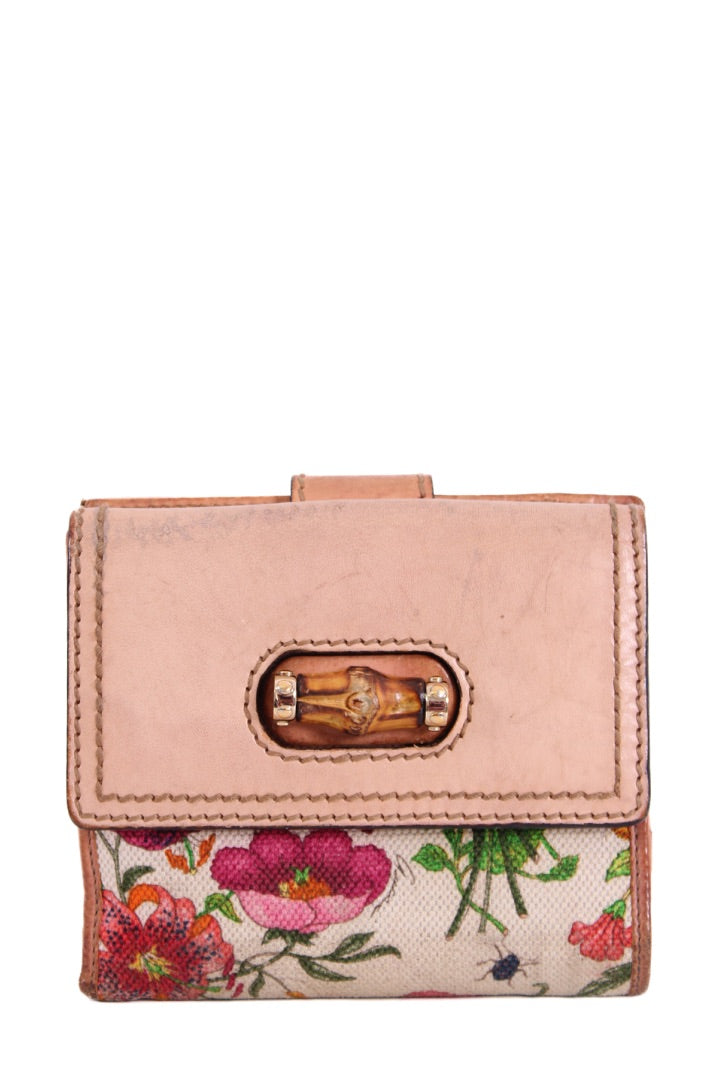Gucci Floral Print/ Bamboo Purse White/ Multi Colured