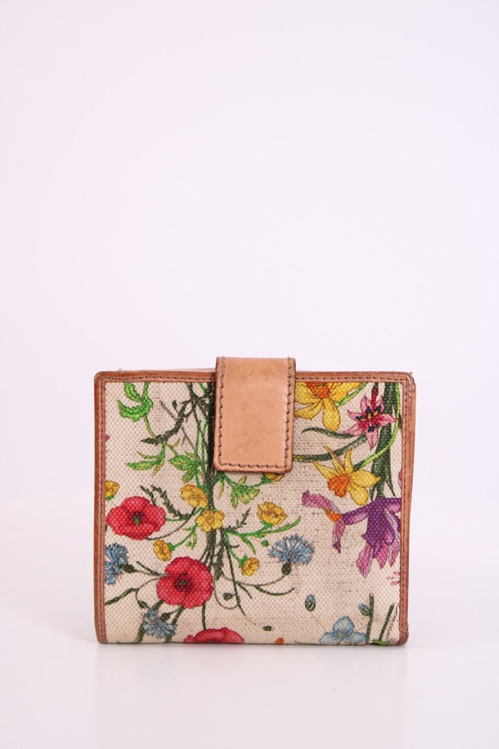 Gucci Floral Print/ Bamboo Purse White/ Multi Colured