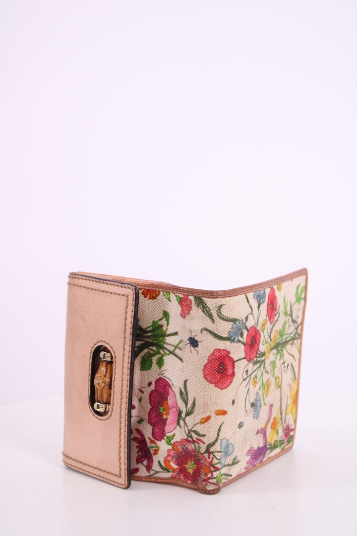 Gucci Floral Print/ Bamboo Purse White/ Multi Colured