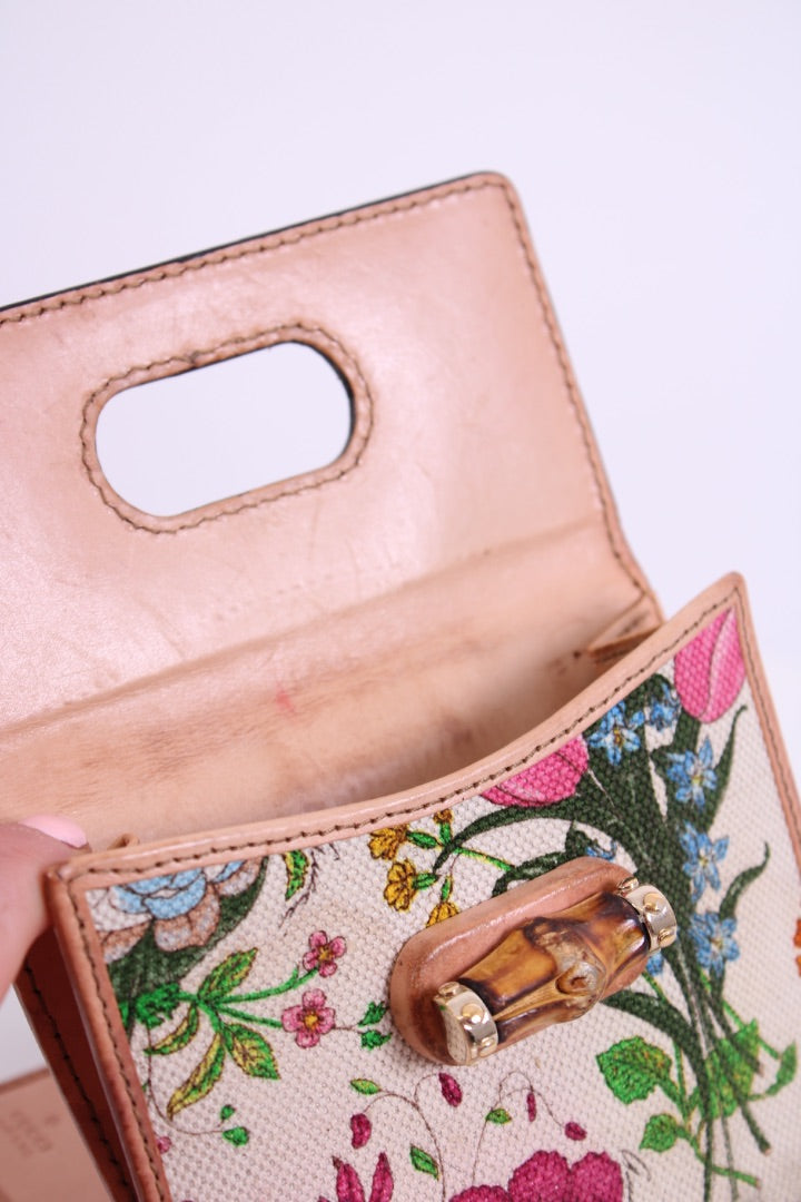 Gucci Floral Print/ Bamboo Purse White/ Multi Colured