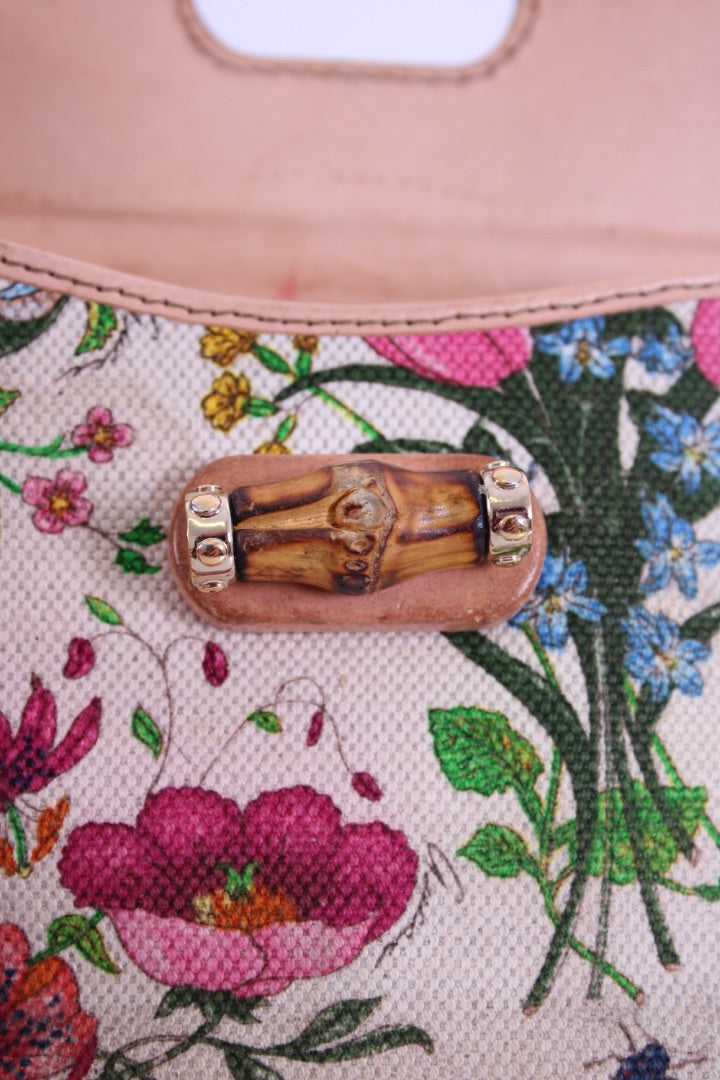 Gucci Floral Print/ Bamboo Purse White/ Multi Colured