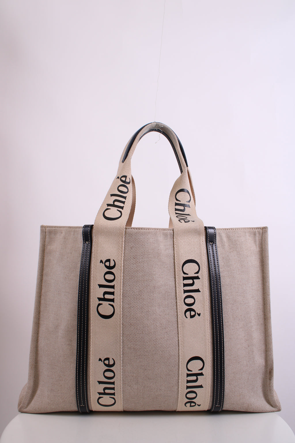 Chloe Woody Logo Canvas Tote Bag Beige Large