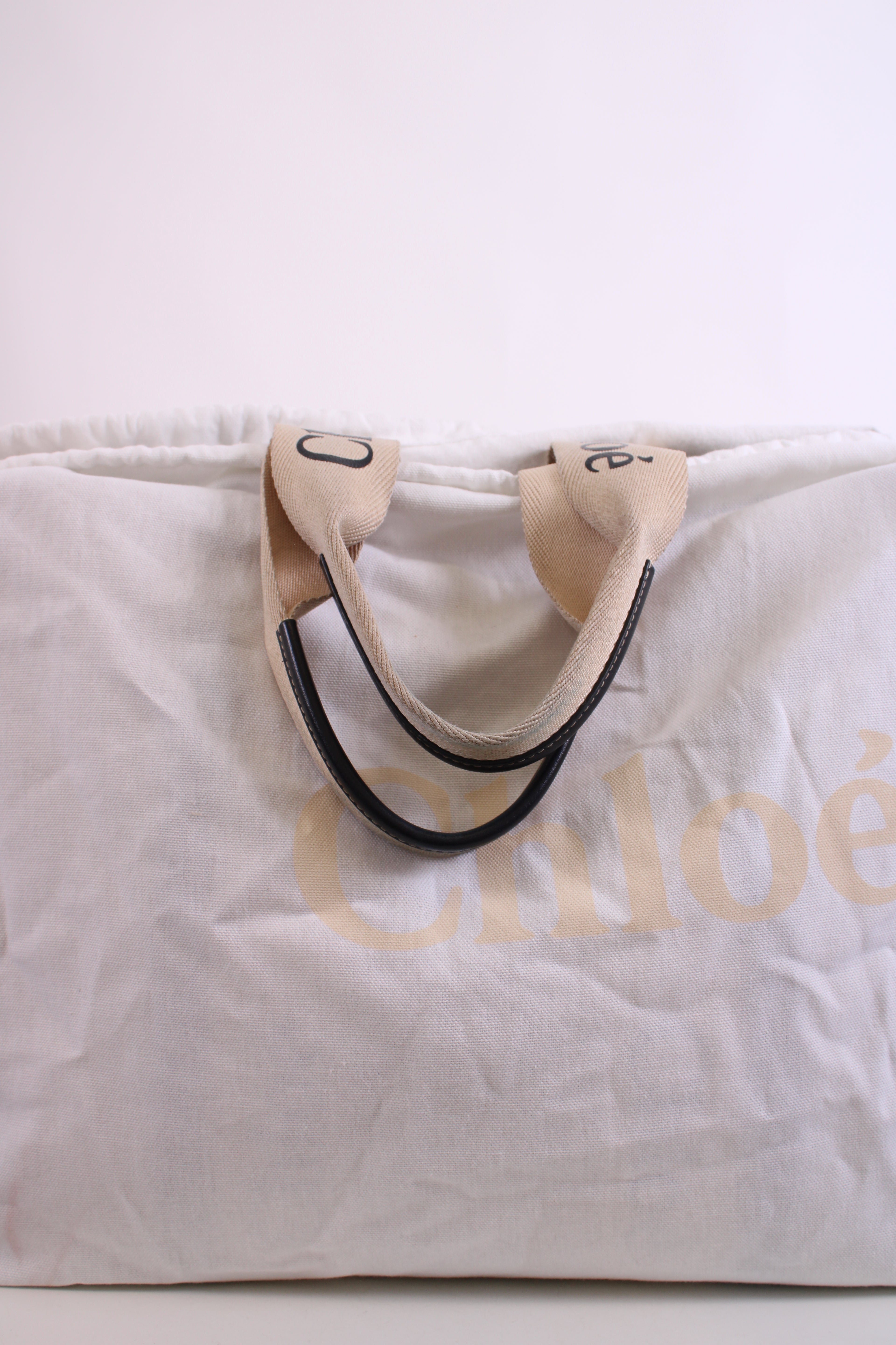 Chloe Woody Logo Canvas Tote Bag Beige Large