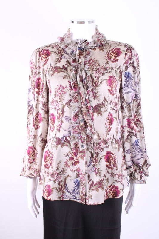 Dolce & Gabbana L/S Floral Pussy Bow Blouse Grey/ Plum S