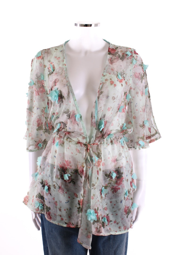 Elena Makri S/S Floral Applique Tunic Blouse Beige/ Mint S