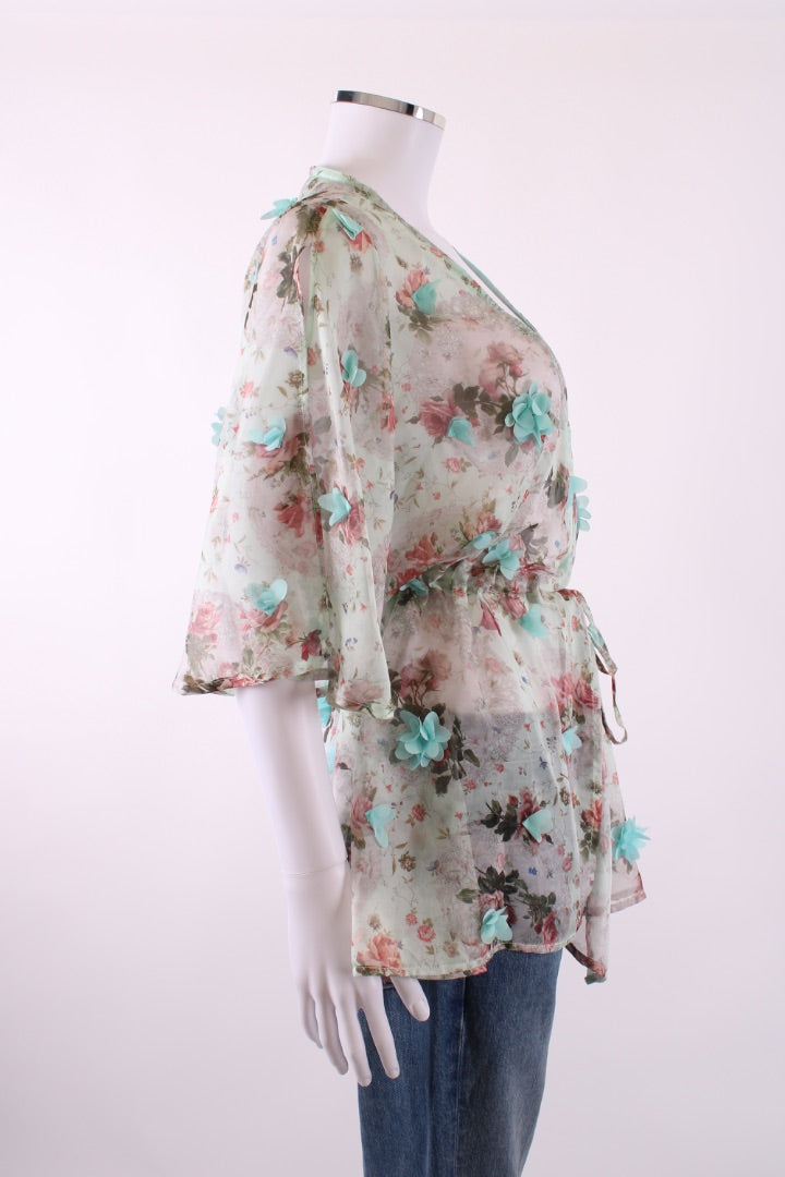 Elena Makri S/S Floral Applique Tunic Blouse Beige/ Mint S
