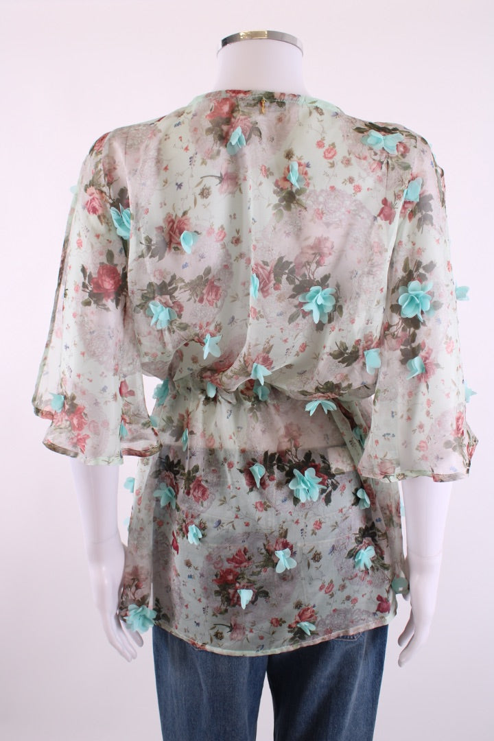 Elena Makri S/S Floral Applique Tunic Blouse Beige/ Mint S