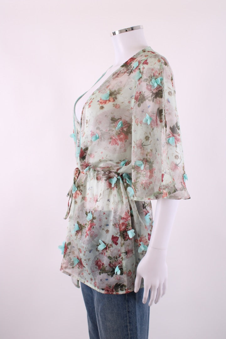 Elena Makri S/S Floral Applique Tunic Blouse Beige/ Mint S