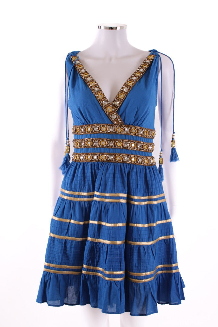 Las Noches Ibiza S/S Beaded Detail Dress Blue/ Gold S