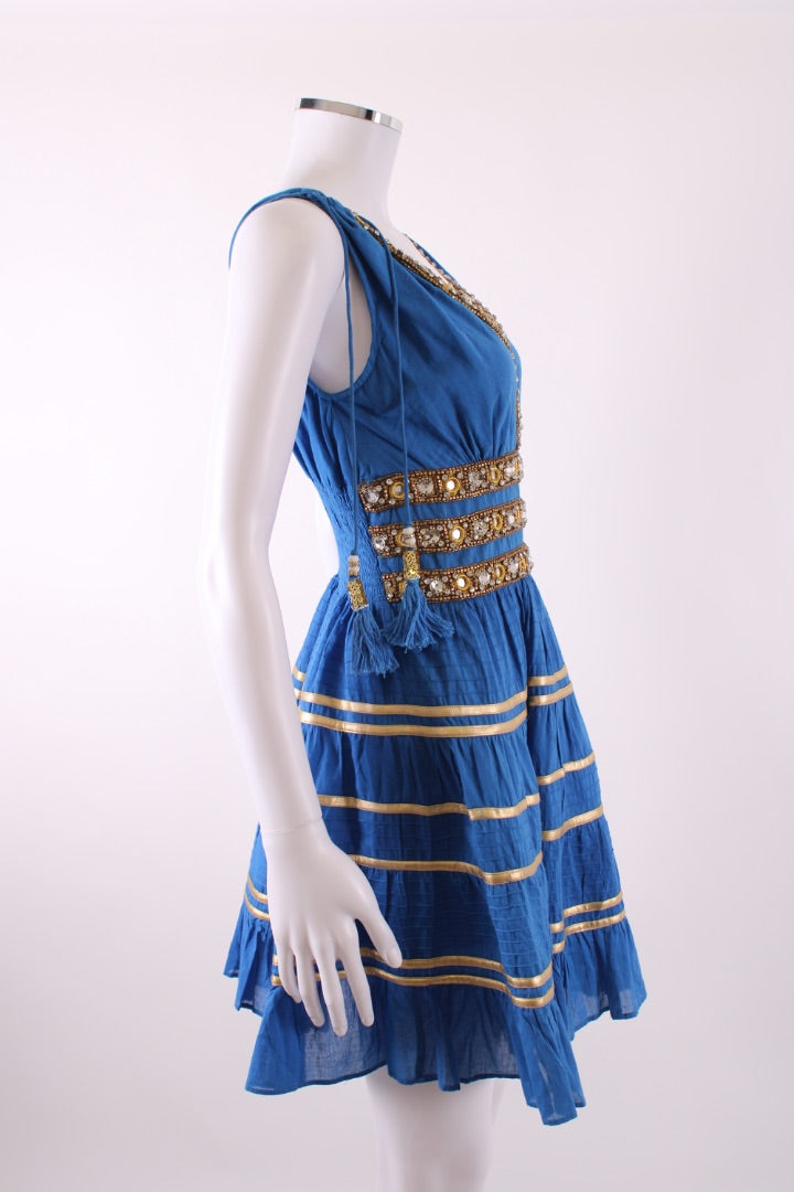 Las Noches Ibiza S/S Beaded Detail Dress Blue/ Gold S