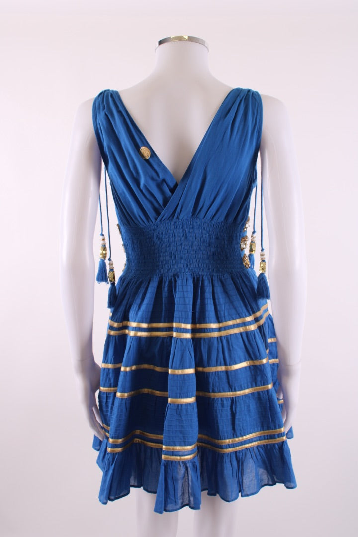 Las Noches Ibiza S/S Beaded Detail Dress Blue/ Gold S