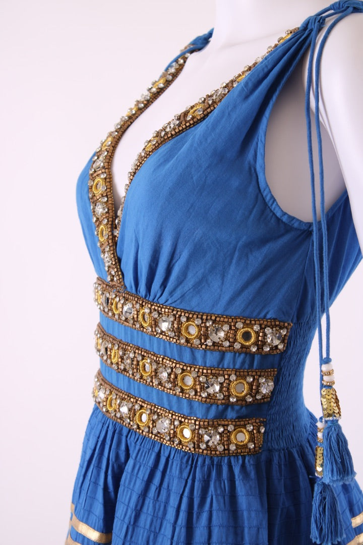 Las Noches Ibiza S/S Beaded Detail Dress Blue/ Gold S
