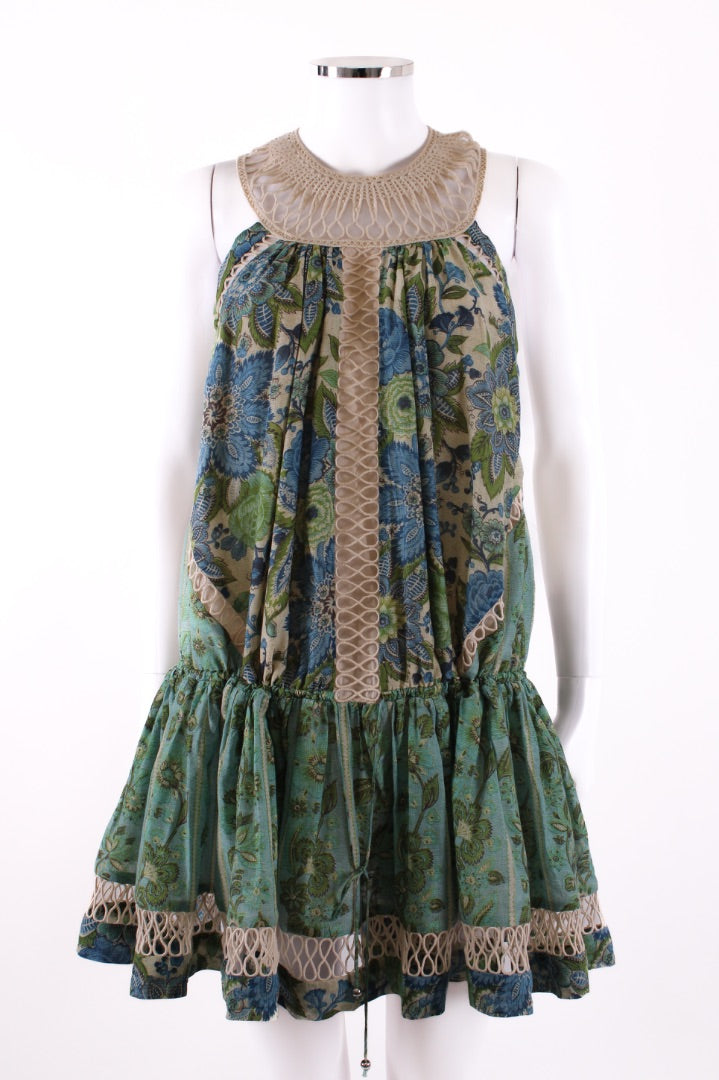 Zimmermann S/S Floral Crochet Neck Dress Blue/ Green 10