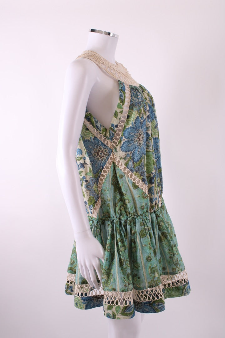Zimmermann S/S Floral Crochet Neck Dress Blue/ Green 10